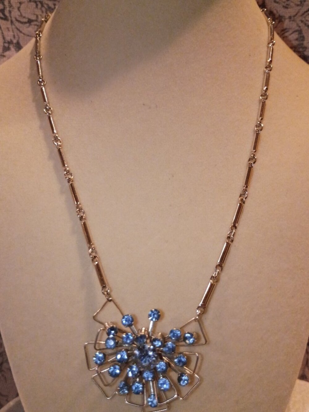 Vintage Blue Rhinestone Statement Necklace Silvertone Large Pendant